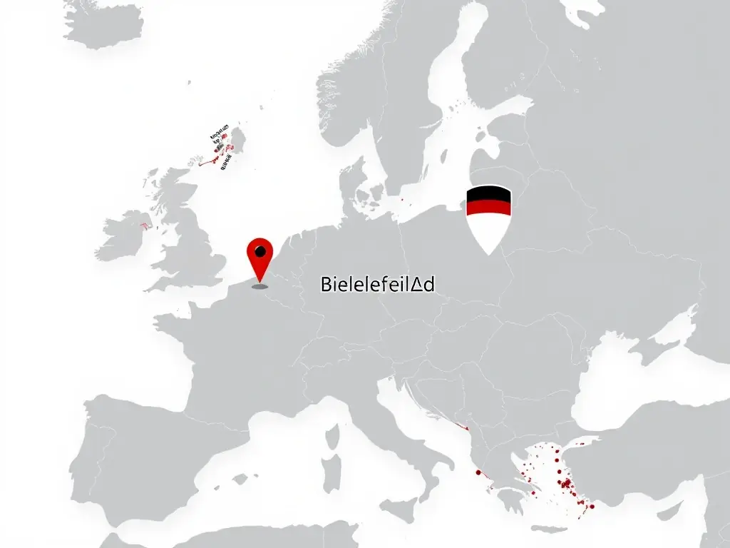 A map pinpointing Bielefeld, Germany, with a highlighted service area covering Europe, indicating balanceLAB.3D's operational reach.