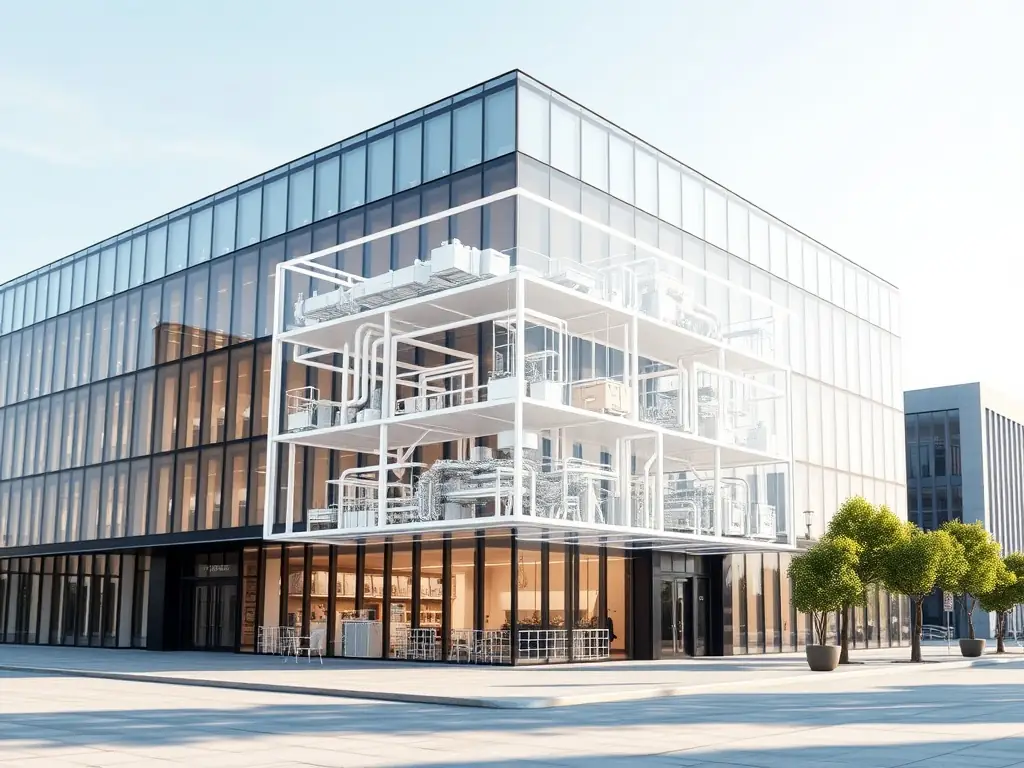 An image showing a 3D model of a building integrated into BIM software, with annotations and measurements overlaid. The scene should illustrate the seamless integration of scan data with BIM workflows.