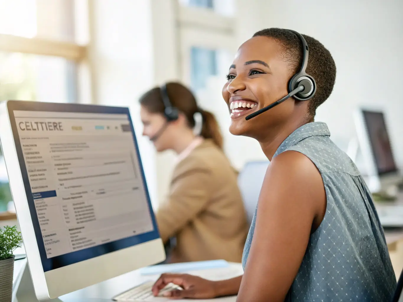 A friendly team member from balanceLAB.3D answering a phone call in a modern office setting, symbolizing direct communication and customer support.