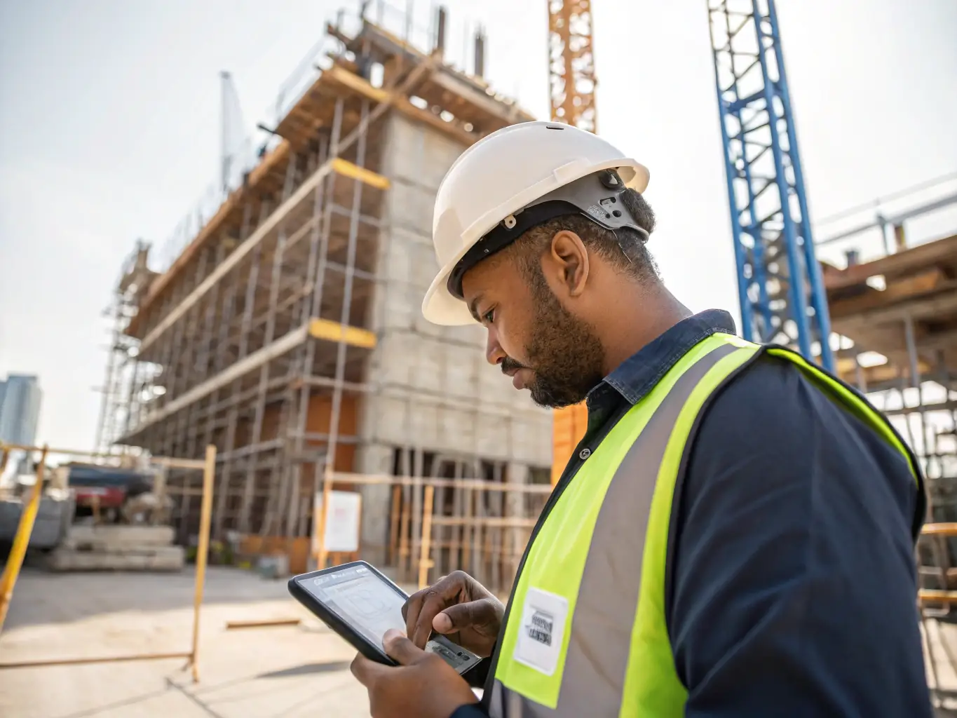 A construction site being scanned with a Leica BLK2Go scanner, capturing data for a digital twin. The scene should emphasize the scanner's portability and ease of use in a real-world construction environment.