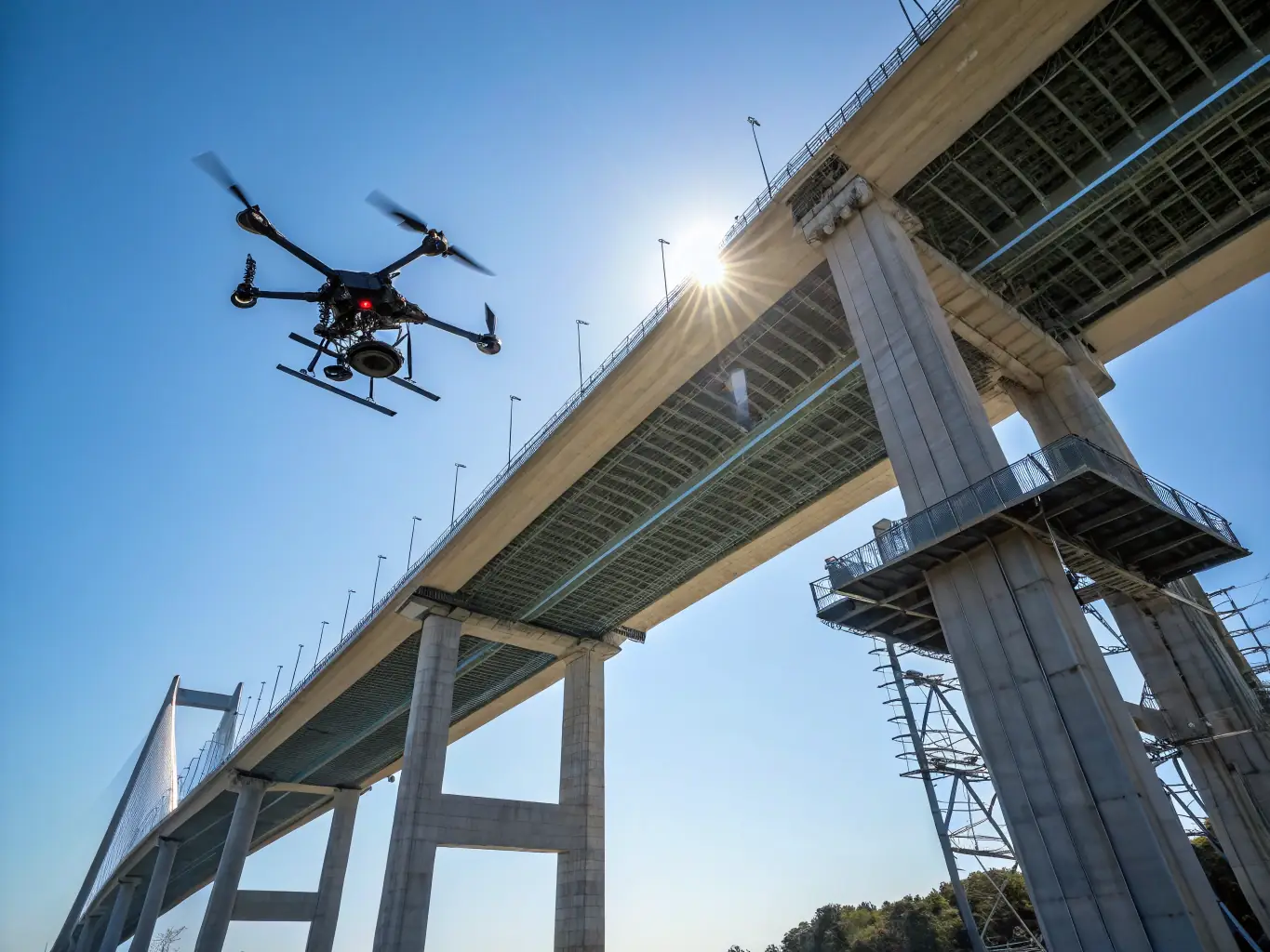 A close-up view of a bridge being scanned with a Leica BLK2Fly drone, highlighting the ability to capture data from difficult-to-reach areas. The image should convey the precision and detail of the scan.