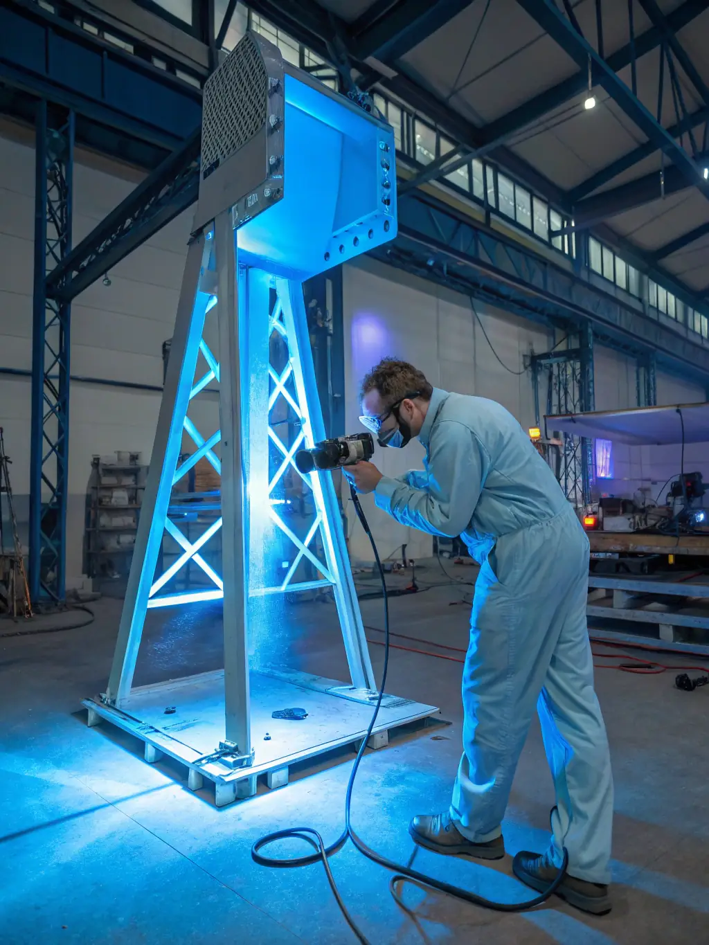 A detailed photograph of a 3D laser scanner being used in an industrial setting, capturing the complex piping and machinery of a factory floor, illustrating balanceLAB.3D's expertise in industrial applications.