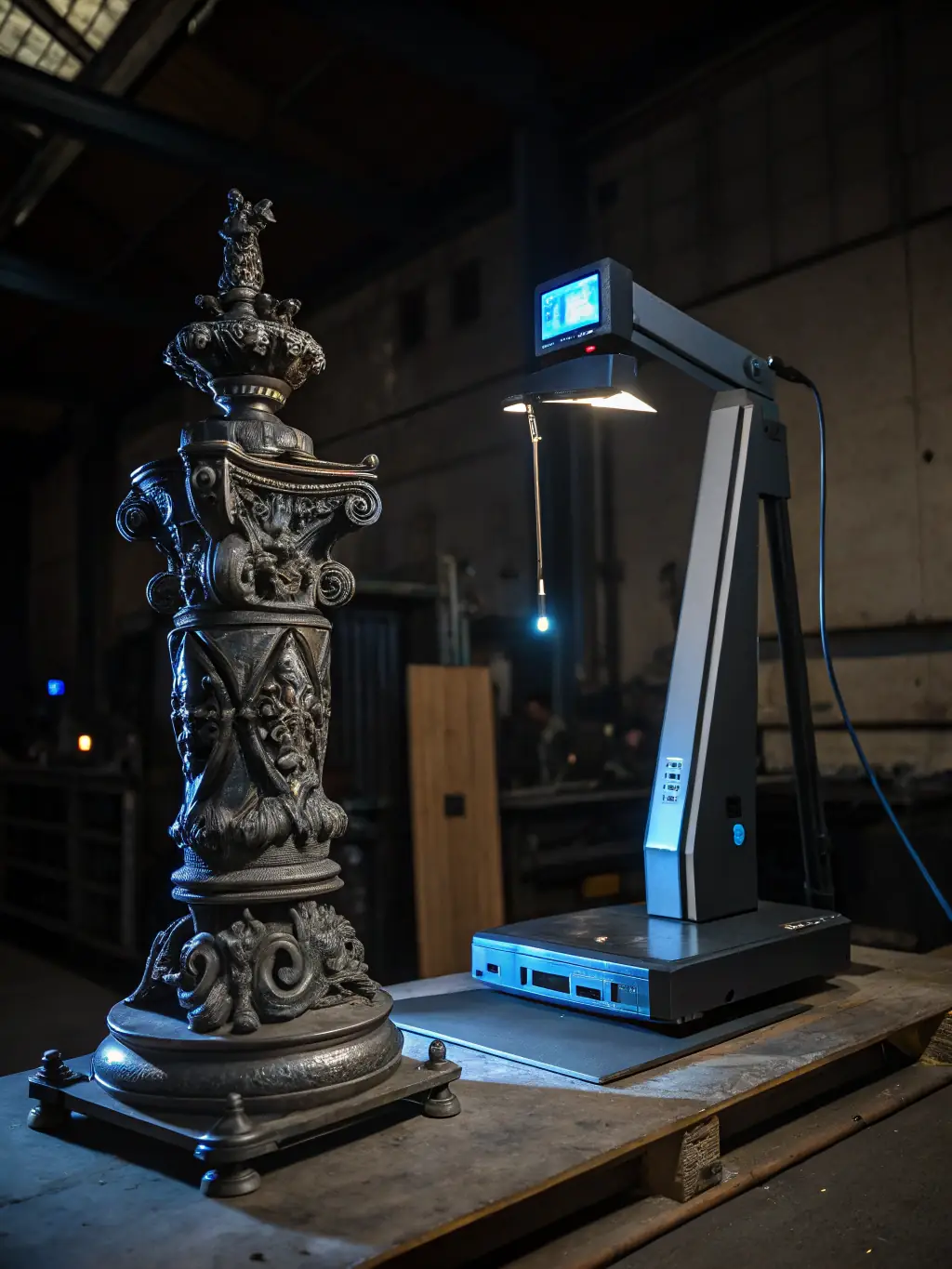 A photograph showing a 3D laser scanner being used to scan a bridge or tunnel, capturing the infrastructure's dimensions and structural health, demonstrating balanceLAB.3D's capabilities in infrastructure projects.