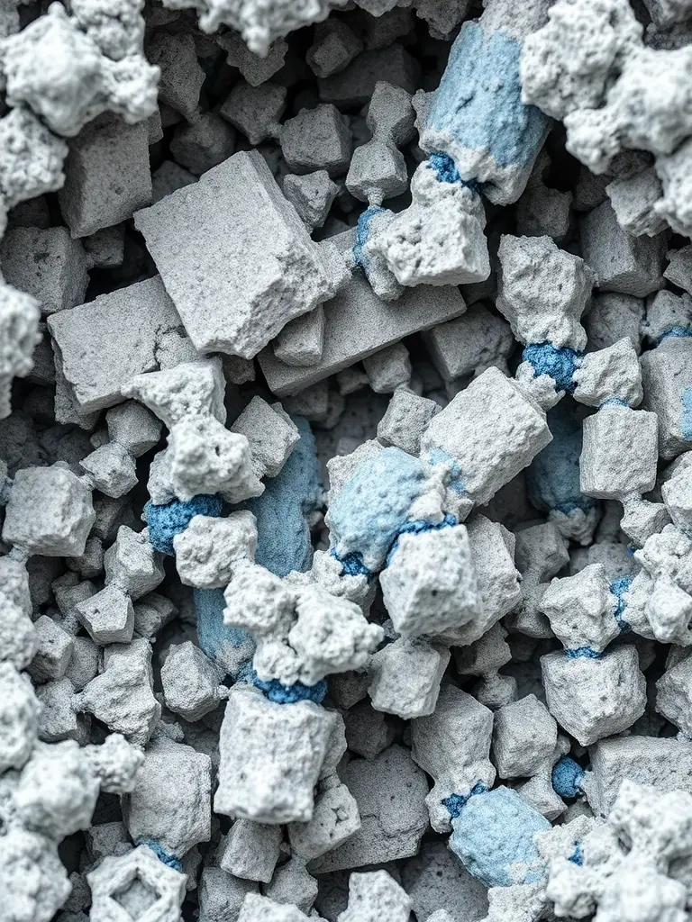 A microscopic view of the internal structure of a 3D-printed geopolymer concrete, revealing the material's composition and the chemical processes that contribute to its strength and durability.