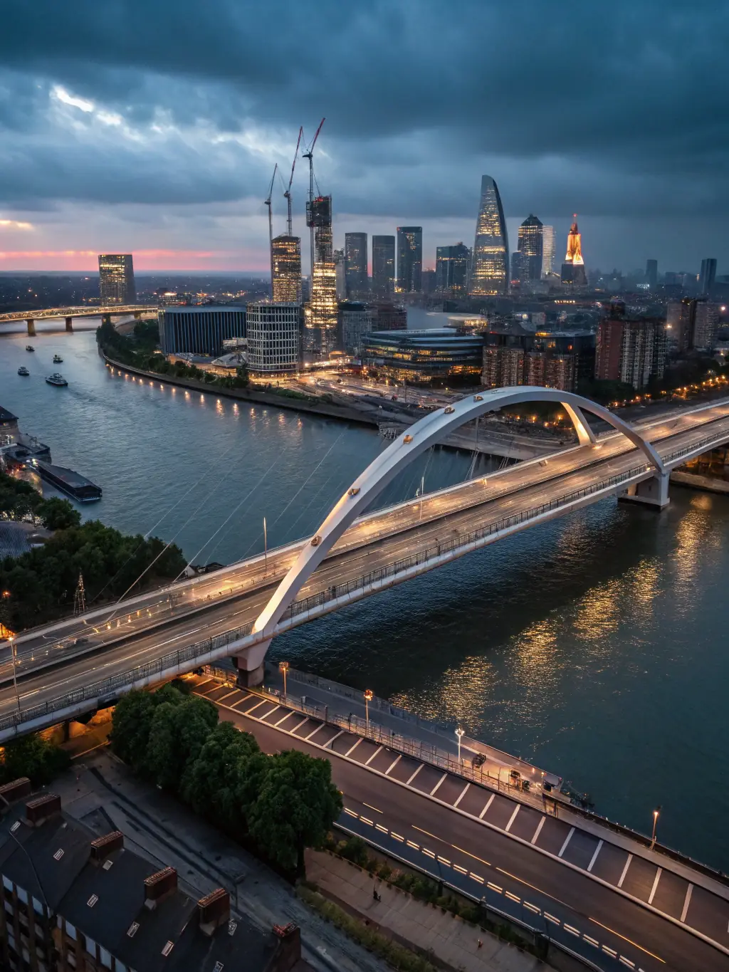 A simulation of a bridge undergoing structural analysis, with color-coded stress points indicating areas of concern, illustrating the use of digital tools for ensuring structural integrity.