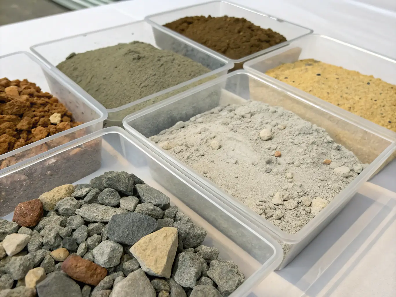 A close-up image showcasing various concrete samples with different aggregate compositions, highlighting the texture and strength variations, placed on a testing bench in a materials science lab.