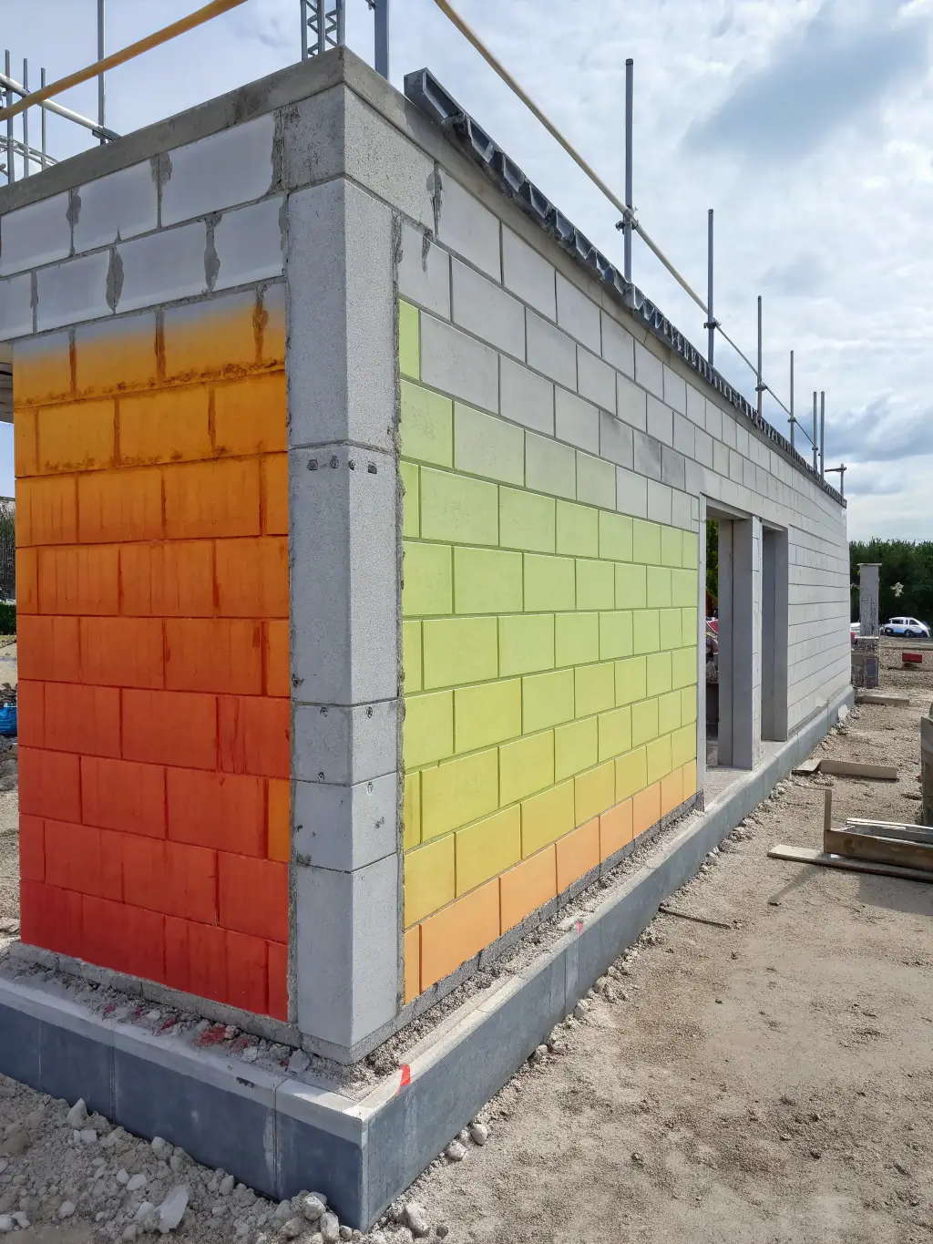 A thermal imaging scan of a 3D-printed wall section, demonstrating the material's thermal insulation properties and its ability to regulate temperature within a building.