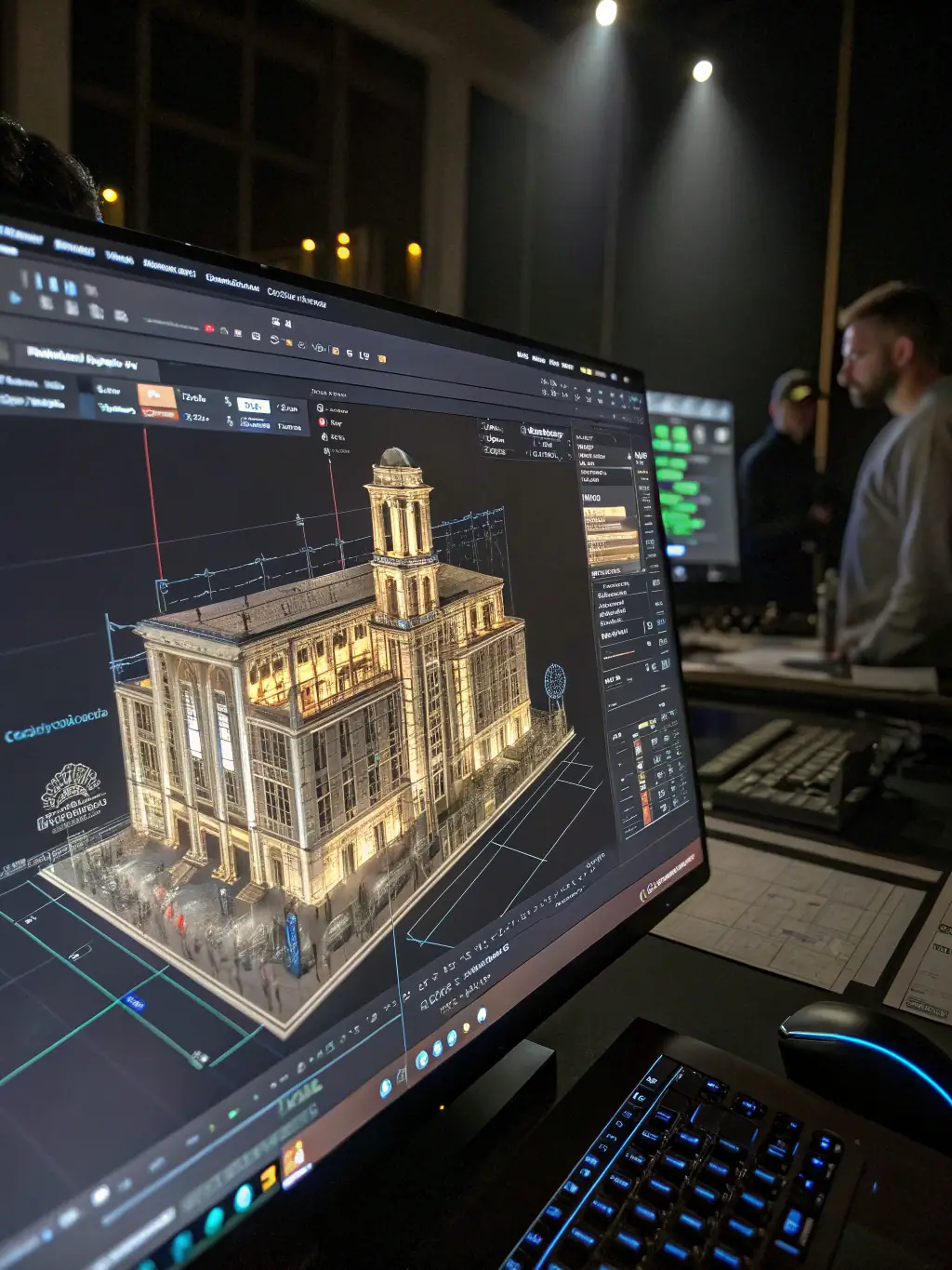 A detailed image of a blueprint overlaid with a 3D model of a building, showcasing the integration of digital design in civil engineering.