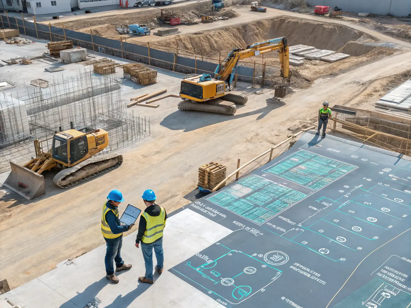 A digital twin simulation of a construction site, showing various stages of construction and potential logistical bottlenecks. The simulation includes visualizations of material flow, equipment utilization, and worker movements.