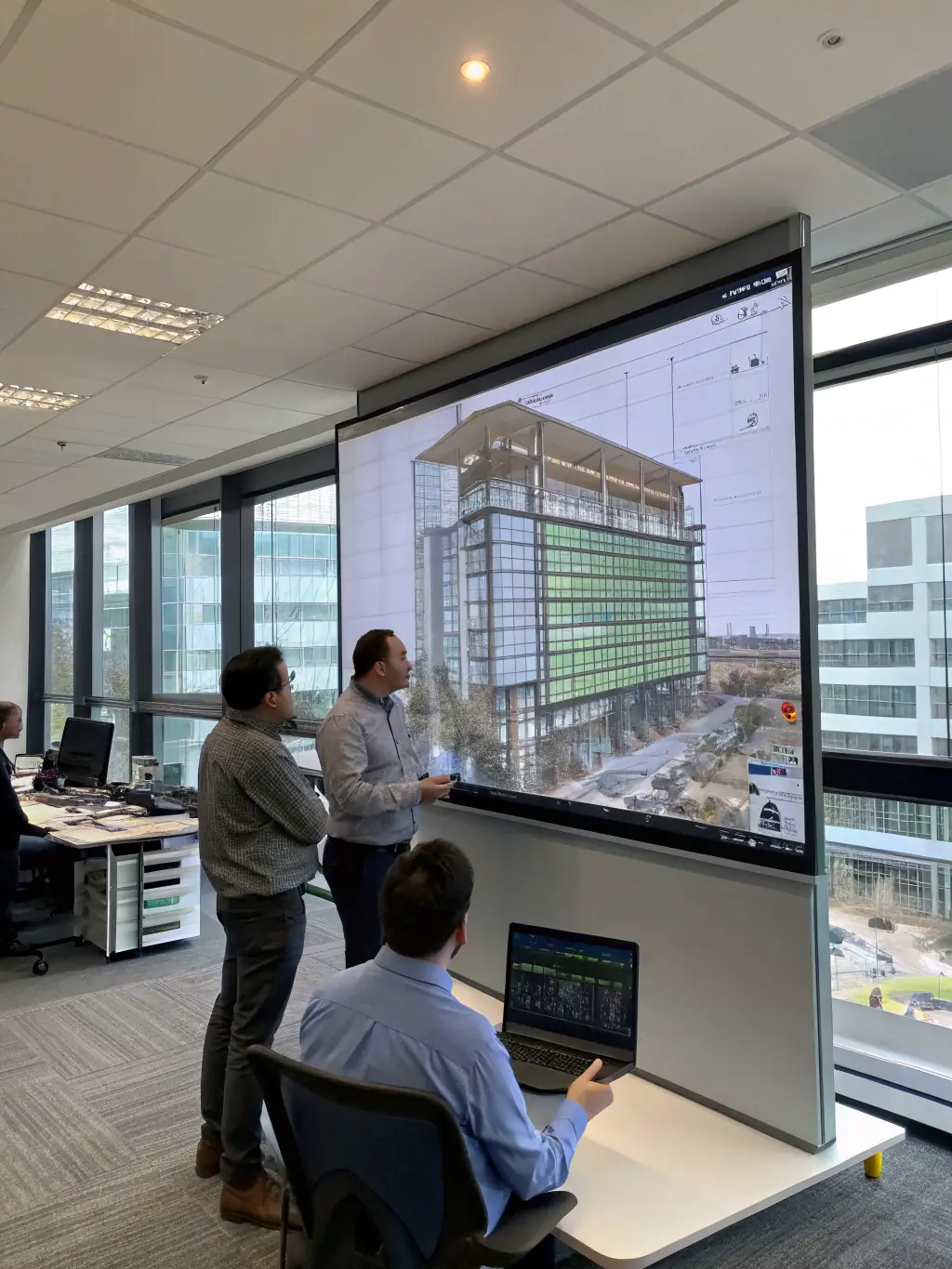 A close-up shot of a BIM (Building Information Modeling) software interface, highlighting the intricate details of a 3D model of a building structure, showcasing the precision and complexity involved in digital construction planning.