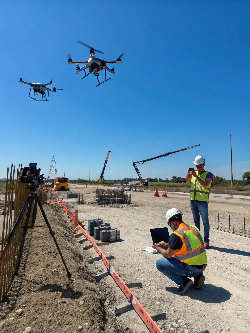 An image of a drone surveying a construction site, capturing aerial data for progress monitoring and site management.