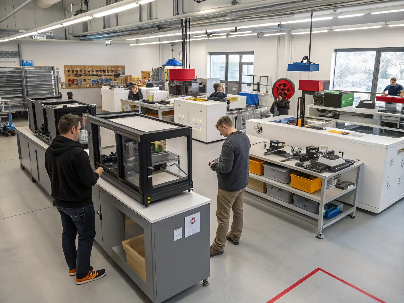 A high-angle, detailed shot of a 3D printer creating a complex architectural model using a specialized concrete mixture, set in a modern laboratory environment with engineers observing the process.