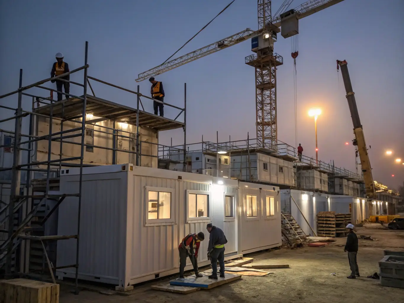 An aerial view of a construction site where modular building components are being assembled, showcasing the speed and efficiency of the modular construction process.