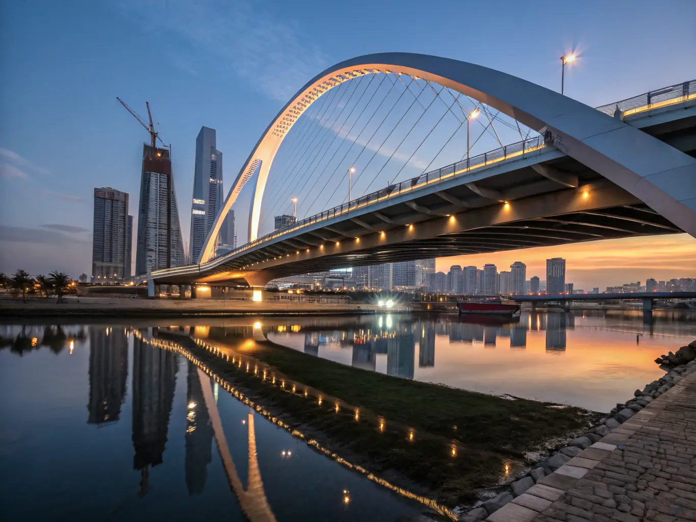 A high-angle shot of a futuristic, organically shaped 3D-printed bridge section, showcasing the design freedom enabled by 3D printing, set against a backdrop of a modern cityscape, emphasizing innovation in civil engineering.