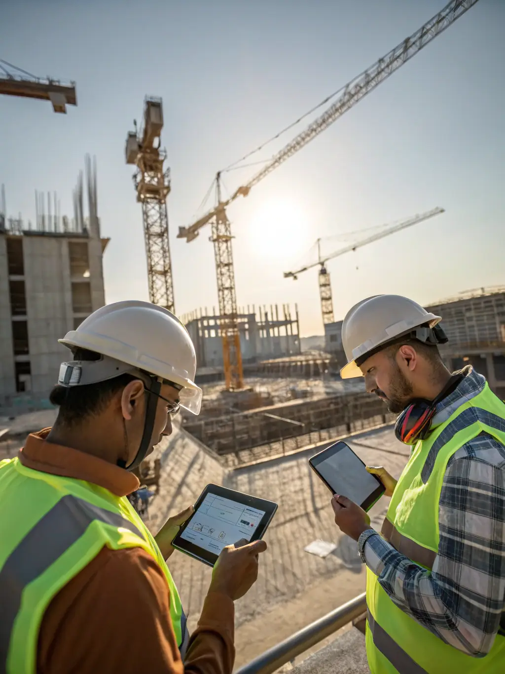 An image of a construction site where workers are using augmented reality (AR) glasses to overlay digital models onto the physical environment, demonstrating the use of advanced technology in construction.