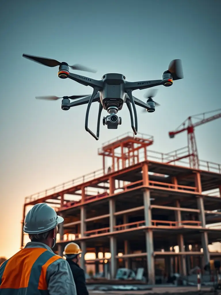 A drone capturing high-resolution images of a construction site, which are then used to create a detailed 3D model, showcasing the use of drone technology for site monitoring and progress tracking.