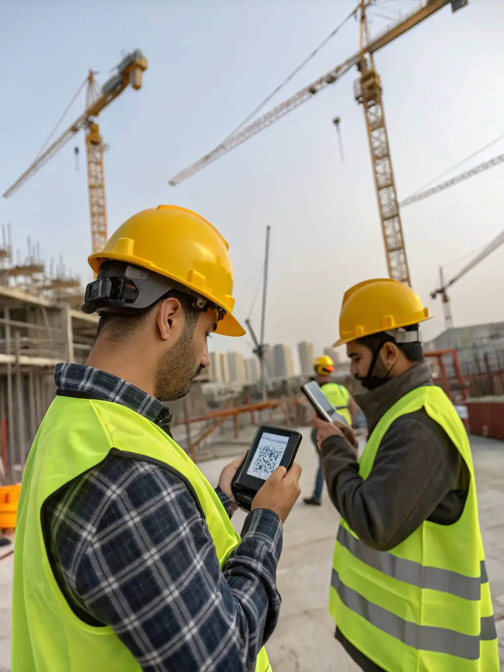 An image of a construction site where workers are using tablets to access real-time project data and collaborate effectively.