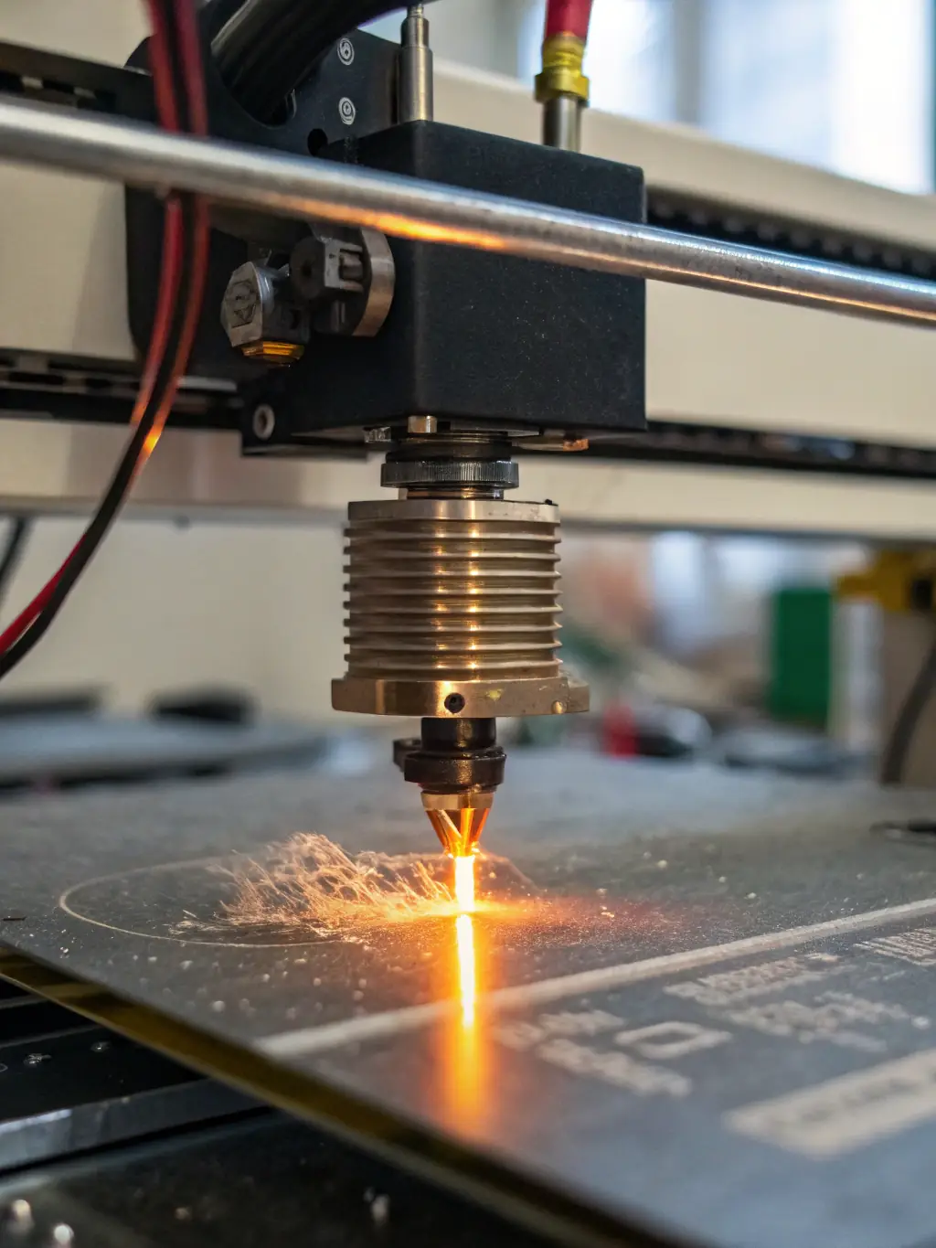 A detailed close-up shot of a 3D printer nozzle extruding concrete material to form a layer of a miniature building structure, showcasing the precision and technology involved in additive manufacturing for construction.