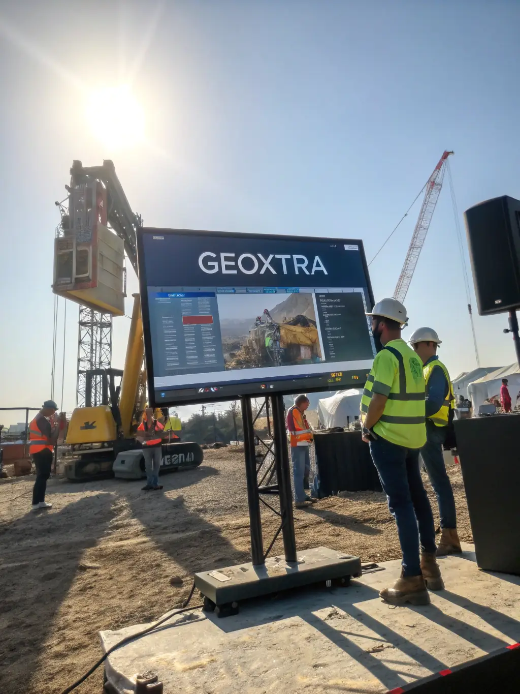 A visual representation of a construction site with augmented reality overlays, showing real-time data and project progress updates.