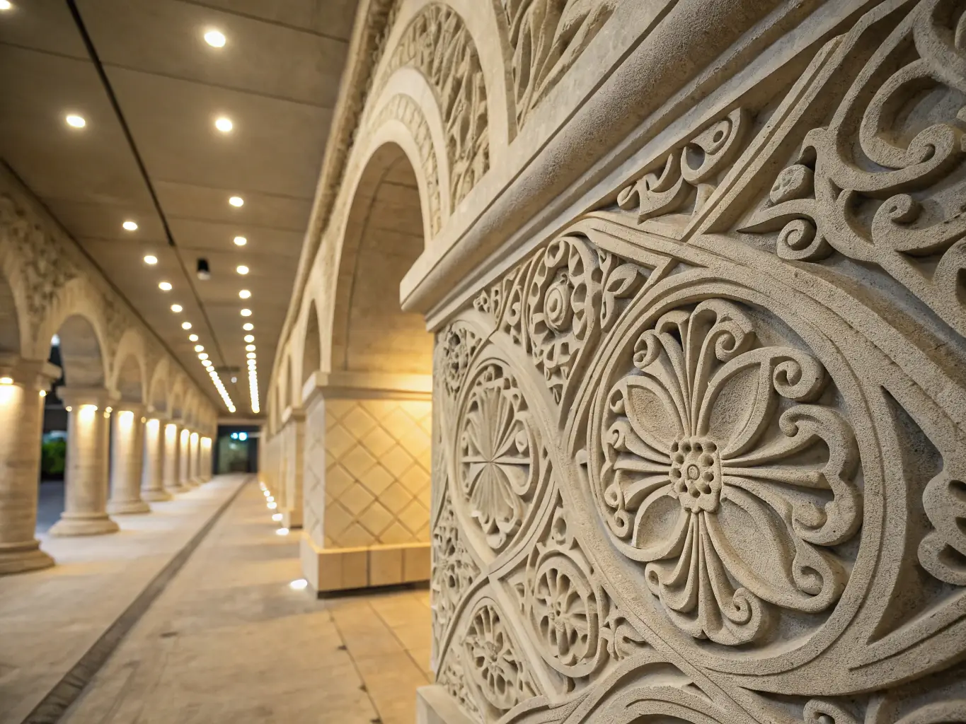 A close-up shot of a 3D-printed concrete wall with intricate patterns, highlighting the material efficiency and waste reduction achieved through additive manufacturing, with a focus on sustainable construction practices.